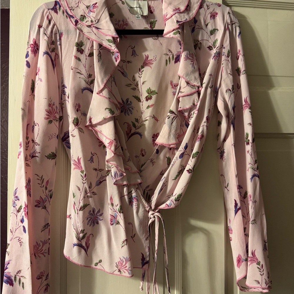 Reformation Floral Ruffle Tie-Front Pink Women's Top